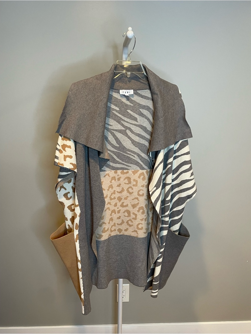 THML Gray, Tan & Cream Animal Print Open Front Cardigan